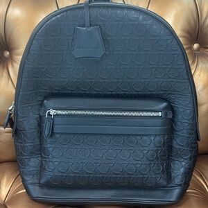 NEW Salvatore Ferragamo Gancini Embossed Black Leather Backpack Black Italy Red